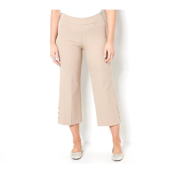 Isaac Mizrahi Stretch Crop Wide Leg with Buttons - Cool Khaki, REGULAR 12 - Picture 1 of 1